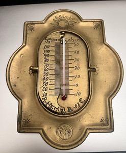 VINTAGE BRASS GOTHIC REVIVAL WALL THERMOMETER - DUAL SCALE FAHRENHEIT & CELCIUS