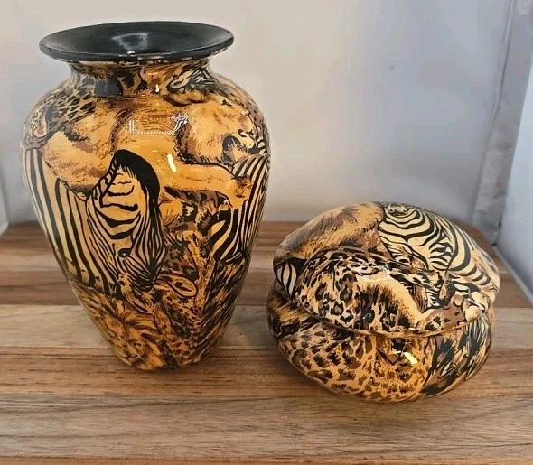 Vintage La Vie Safari Animal Patchwork Ceramic Vase 6.5 " Lidded Trinket Box Set