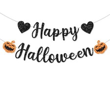 Pre-Strung Happy Halloween Decorations Banner Black Glitter BLACK