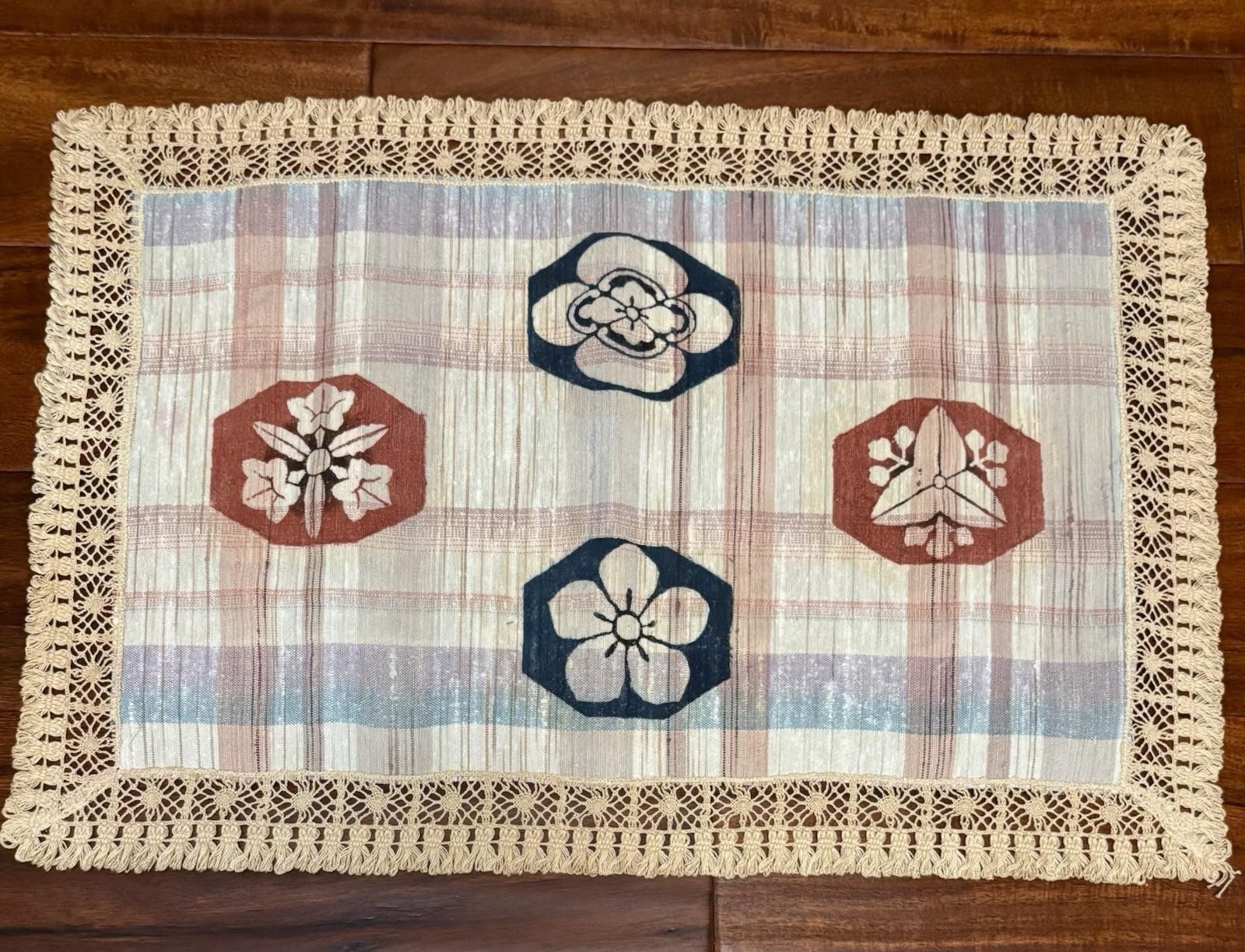 Japanese Table Runner Center Mat or Dresser Scarf Lace Trimmed 23” x 16”