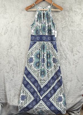 London Style Maxi Dress Womens 10P Petite Blue Green Paisley Boho Beach NWT