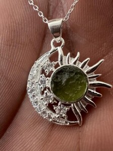 Authentic Raw Moldavite Rough Silver Pendant 925 Silver Handmade sun moon silver Pendant