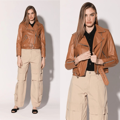 Walter Baker $698 Alison Leather biker jacket in Camil brown