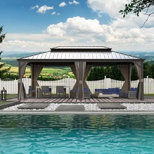 14' x 22' Outdoor Hardtop Gazebo Aluminum Brown Frame w/Sidewalls Double Roof