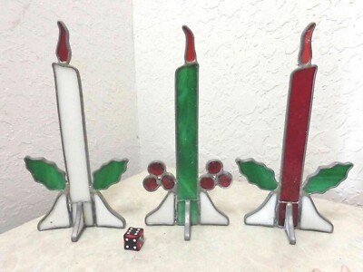 ONE 8in tall Stained Glass Candle Decorative Red Green Holly Berry Mantle Winter