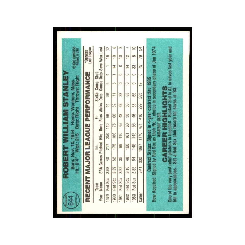 Bob Stanley 1984 Donruss #644 Boston Red Sox Baseball Card NM - Image 2 of 3