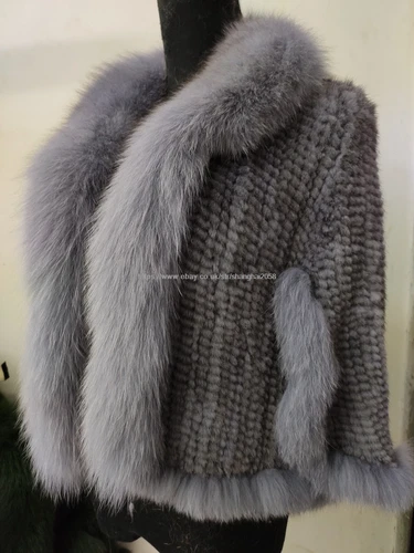 Handmade Knit Real Genuine Mink Fur Coat with Fox Fur Collar Shawls Wraps Cape - Picture 15 of 47