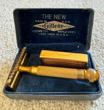 Vintage 1930s Gillette Gold Plated Safety Razor Set in Case with Blade Holder