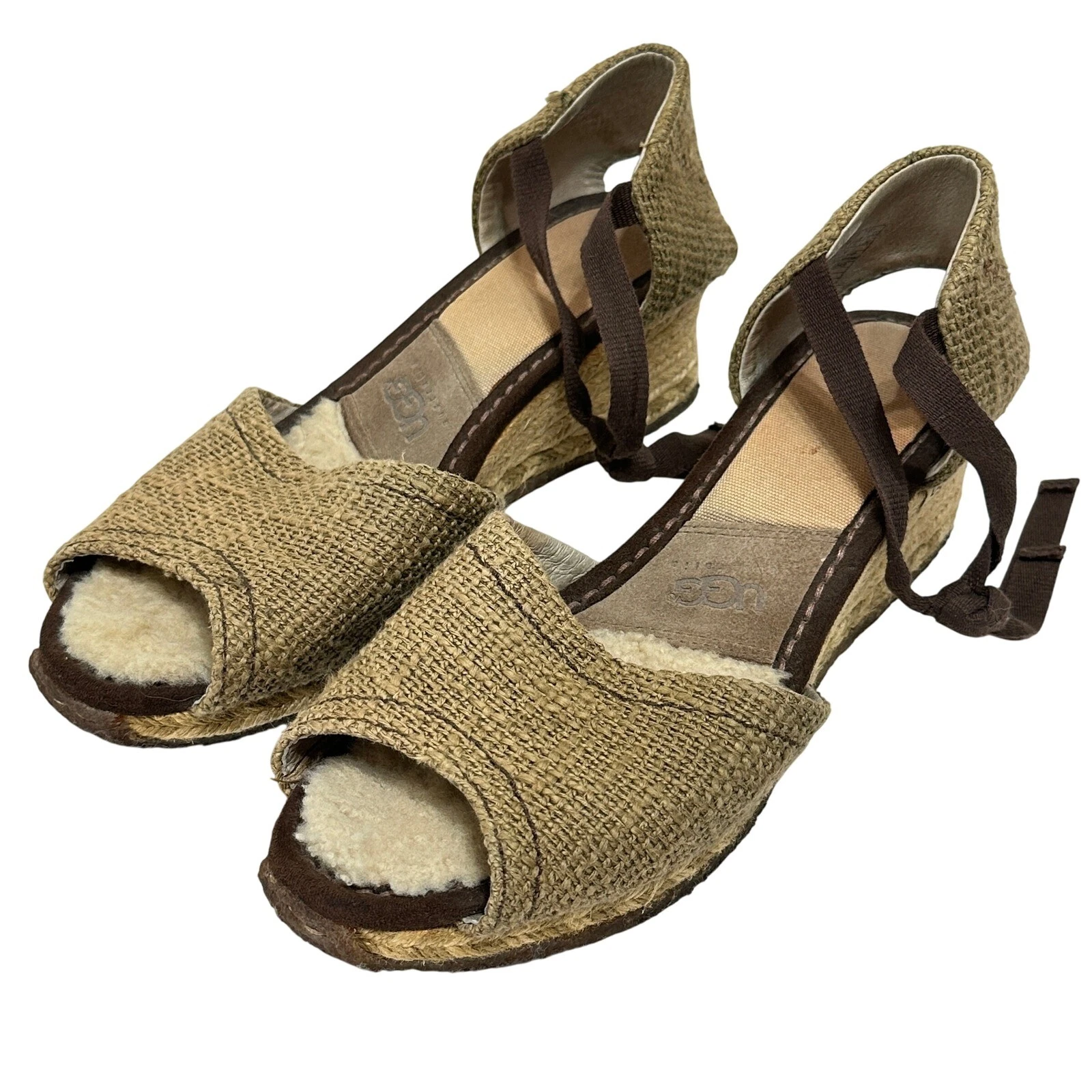 Sandali con zeppa espadrillas UGG Mar pelle di pecora punta aperta alla caviglia US 9 beige boho