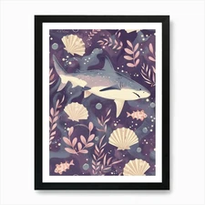 Purple Blacktip Reef Shark Illustra Framed Wall Art Poster Canvas Print Picture