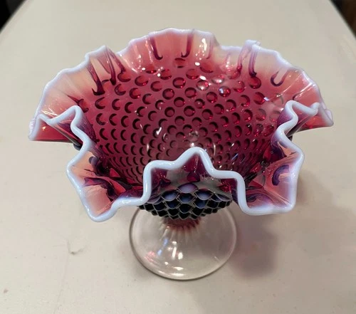 Fenton Plum Opalescent Hobnail Ruffled Compote Vase - 5.5” - No Mark