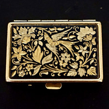 Vintage Toledo Spanish Damascene Pill Box Case 24K Gold Bird Floral Inlay MINT