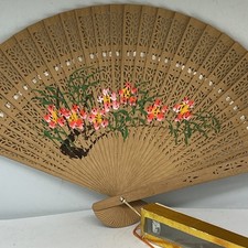 Carved Asian Folding Hand Fan Painted Bamboo Original Wooden Wedding W Box 12