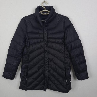 Lands End Womens Navy Blue Down Puffer Jacket Chevron Quilted Coat  M 10-12