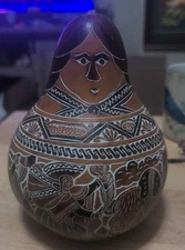 Authentic Hand-Carved & Engraved Peruvian Gourd Mate Burilado - Folk Art Woman