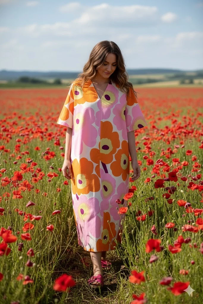knee length dresses for ladies Marimekko Migot Unikko Dress, Blue With Green & Pink Pistol Flowers main image 1