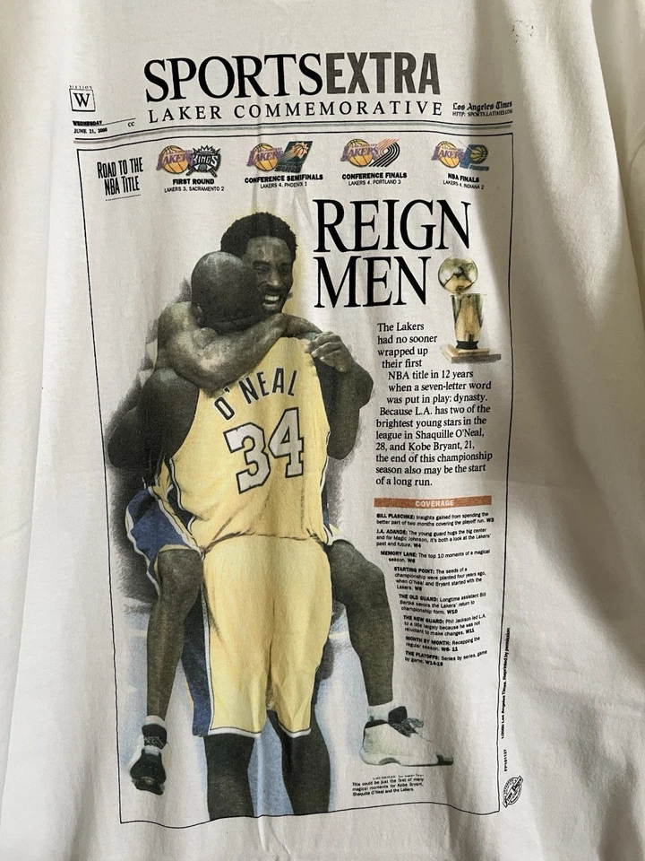 复古 2000 年洛杉矶时报报纸文章湖人队科比沙克统治男式 T 恤 2XL — 第 3/4 张图片