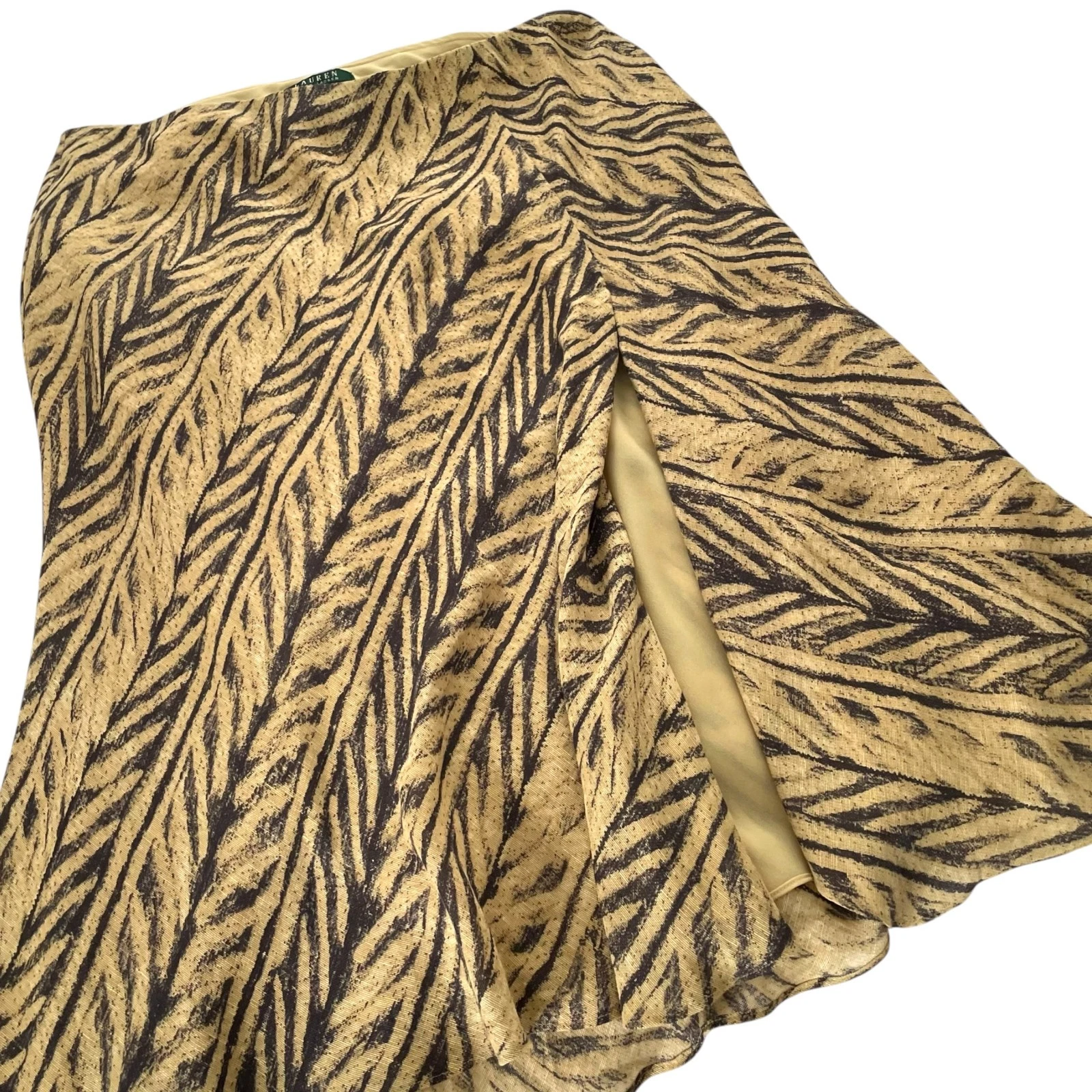 LRL Ralph Lauren A Line Midi Skirt Large Yellow Printed Silk / Linen Blend Slit