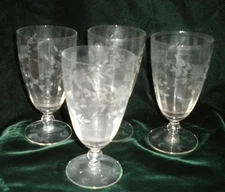 4 Princess House Water Goblets Etched Flowers & Leaves 6" Gored HOLIDAYS Box31
