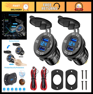 12V USB Outlet Dual QC3.0 Car Charger Socket, 18W Ports, LED Voltmeter, Switch -