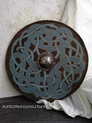 24'' Viking Medieval Wooden Round Shield With Blue Scandina Pattern