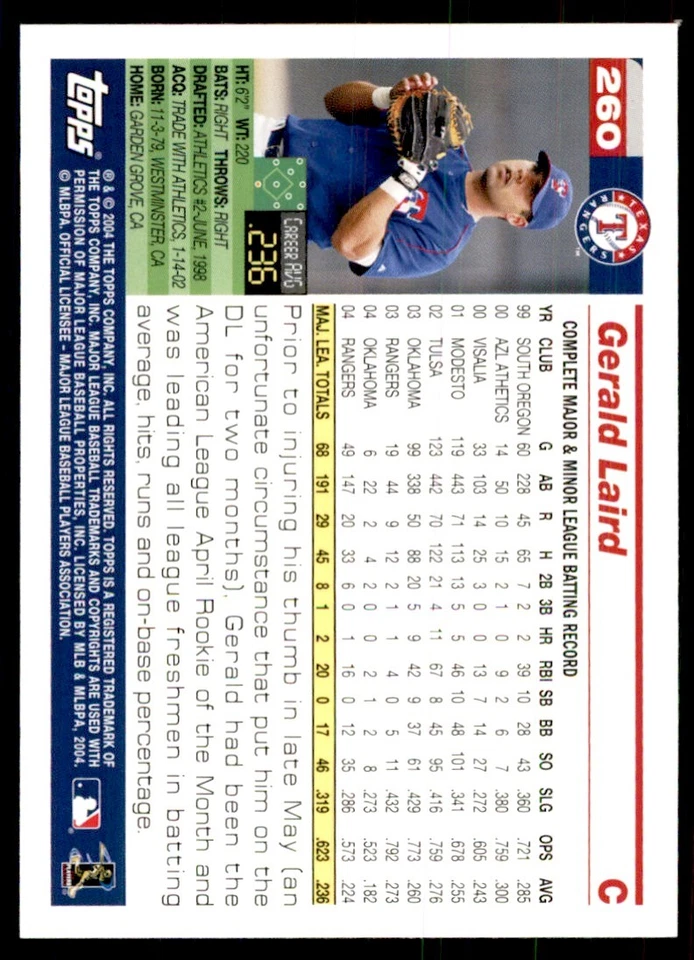 2005 Topps Gerald Laird Baseball Cards #260 - Image 2 of 2
