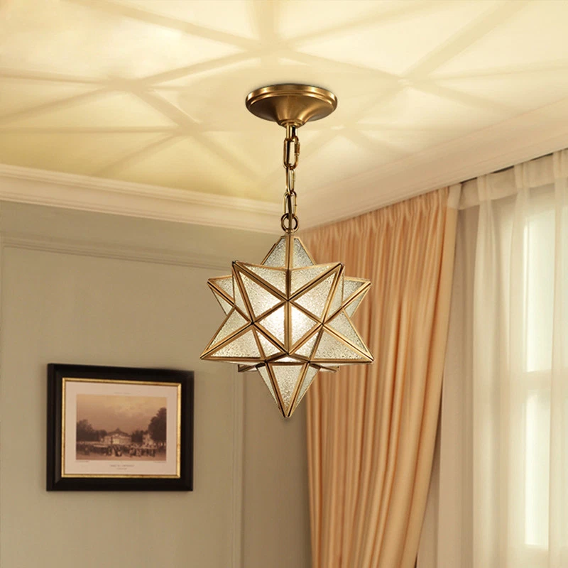 Vintage Antique Brass Glass Star Shade 1 Light Ceiling Pendant Lights 30 35 40CM