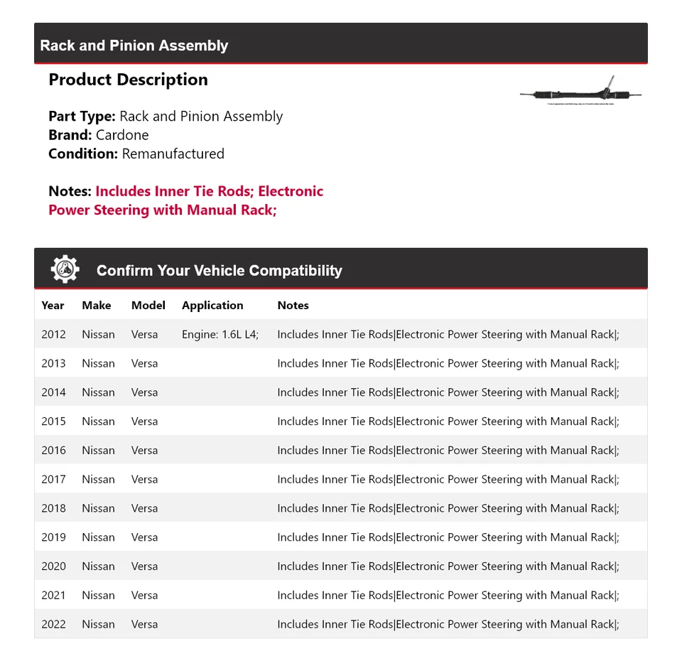 Montaje de piñón y cremallera para Nissan Versa 2012-2022 Cardone 2013 2014 2015 2016 Foto 2 de 4
