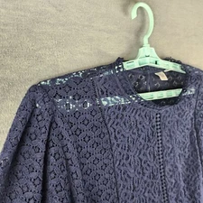 GAP Blouse Women Lace Blouse Top XL Navy Blue Cottagecore Long Slv Keyhole Neck