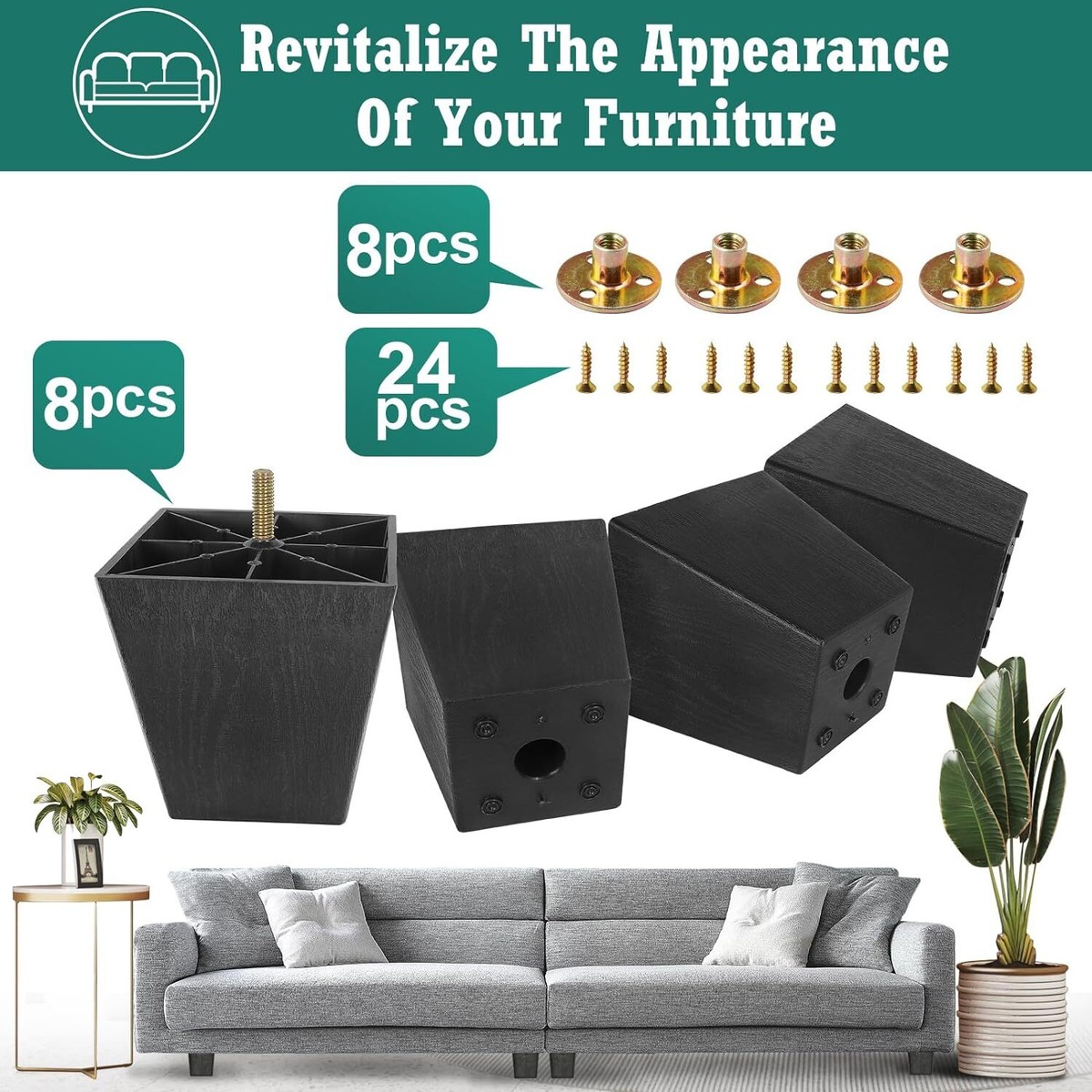 4-Pack 4 Inch Square Metal Furniture Legs – Aluminum Alloy, Black, Non-Slip Mats, For Sofas, Cabinets, Beds & Tables