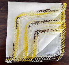 VINTAGE HANKY 1950s YELLOW LINEN WITH HAND CROCHET YELLOW BROWN EDGING LOVELY