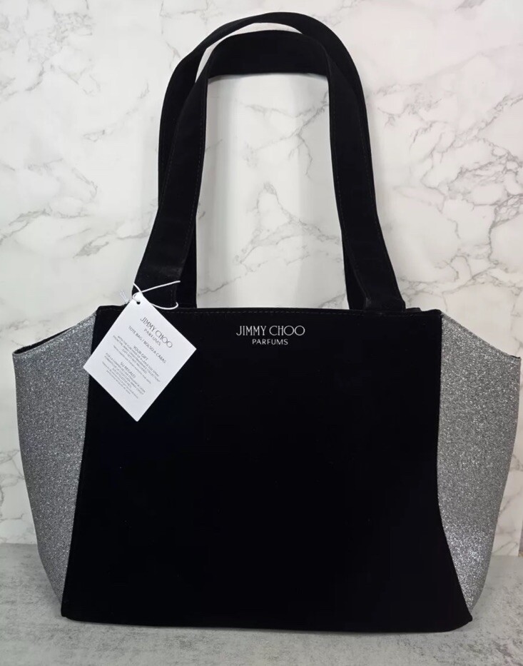 Jimmy Choo Tote Bag Black Velvet Silver Glitter Carry Jimmy Choo Tote Bag Black Velvet Silver Glitter Carry