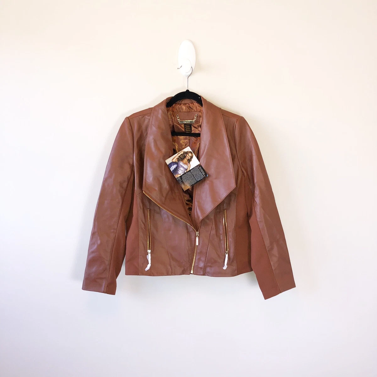 IMAN Genuine Leather Jacket Moto Coat Asymmetrical Cognac Brown