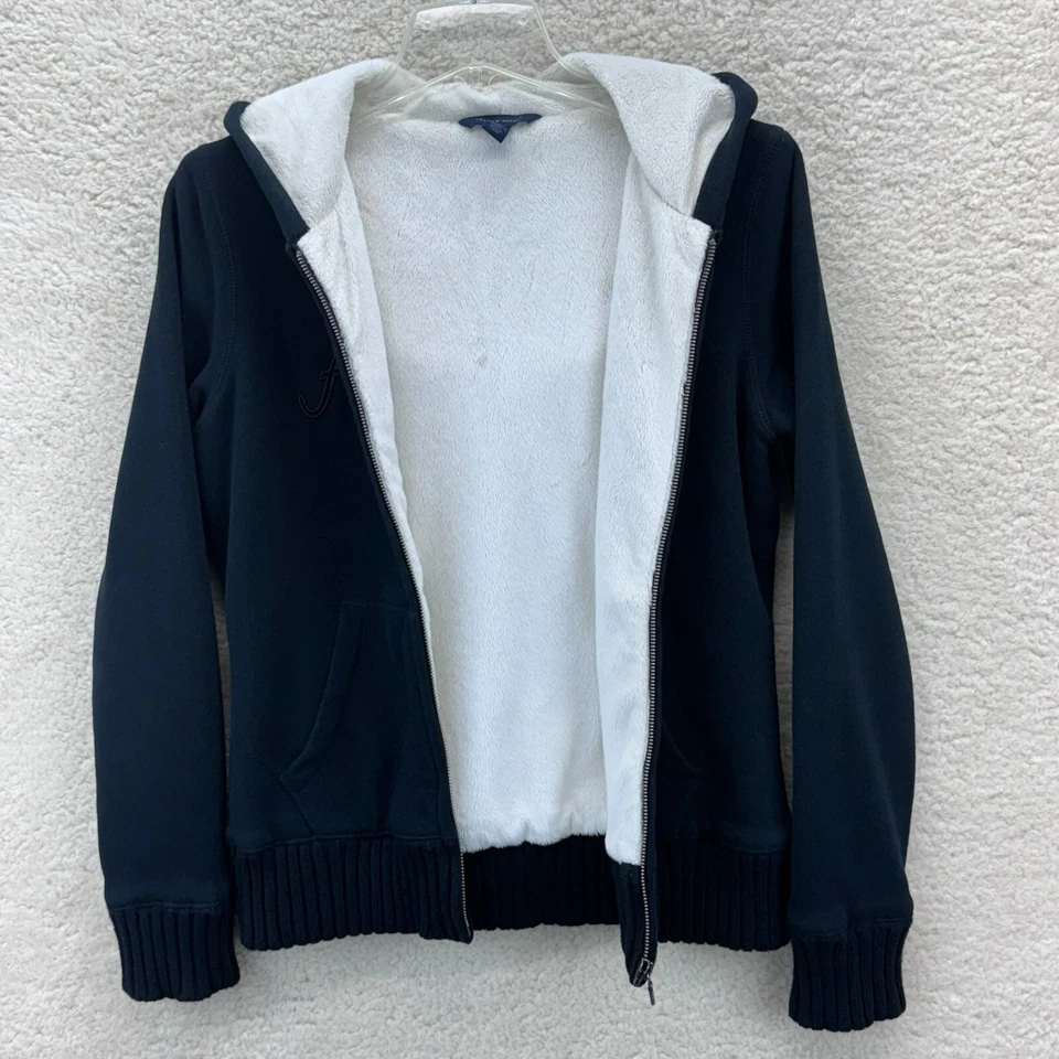 Tommy Hilfiger Faux Fur Lined Hoodie Sweatshirt Womens S/P Black Zip-Up Logo Y2K - Image 4 of 4