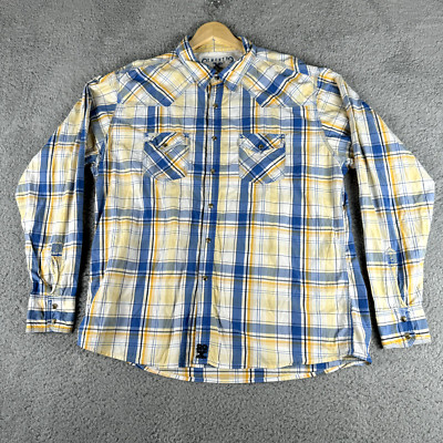 20X Wrangler Shirt Mens 2X Large Blue Yellow Check Pearl Snap Cowboycore Western