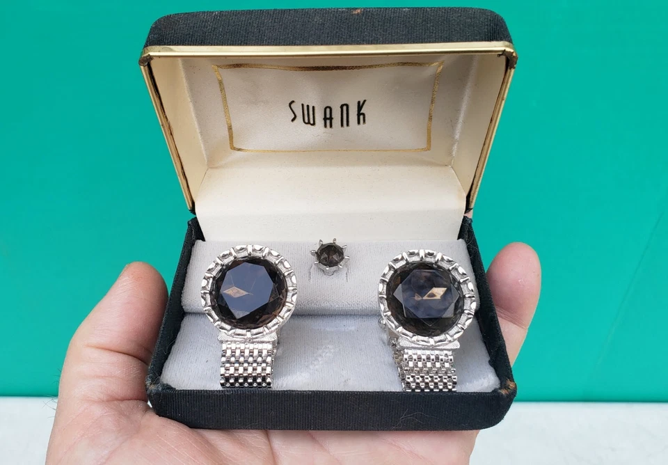 Swank Cufflinks Tie Pin Set UNUSED IN BOX Dark Olive Green Glass Stone MEN 1960s - Image 3 of 4