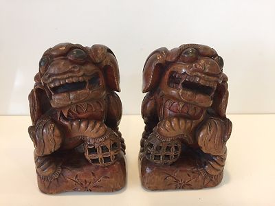 Antique Pair Chinese Hand Carved Wood Foo Dog Statue, 7'' Tall x 4'' Wide x 3'' D
