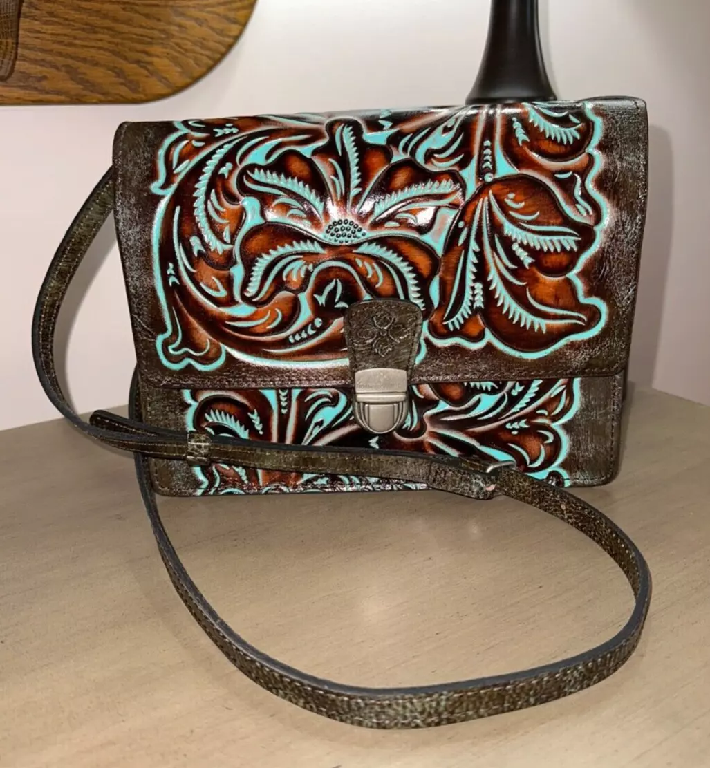 New PATRICIA NASH Locri Italian leather turquoise brown x-body