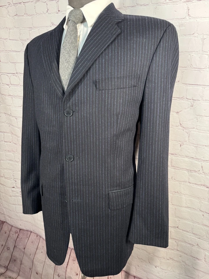 DKNY Mens Navy Blue Pinstripe Wool CLASSIC FIT 2pc Suit 42R Jacket 34x30 Pant - Image 3 of 4