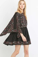 New FREE PEOPLE Women Frida Print Boho Hippie Drape Sleeve Sexy Mini Dress 