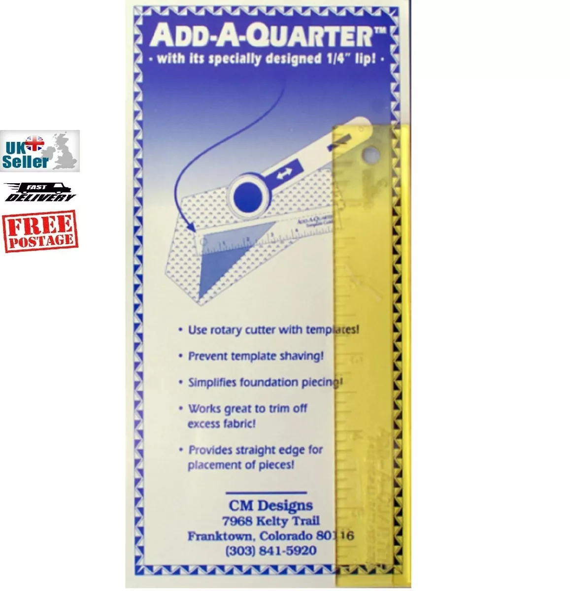 Add A Quarter Quilting Ruler 12 Inch CM Designs 1/4 Lip Trim Off Excess  Fabric