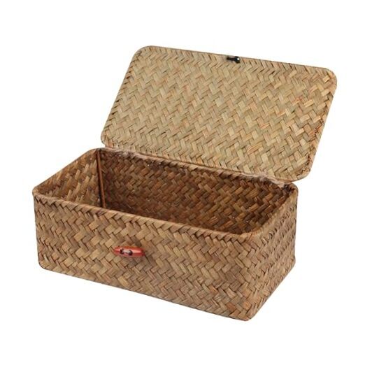 Wicker Shelf Baskets with Lid,Handwoven Seagrass Basket for Natural Small