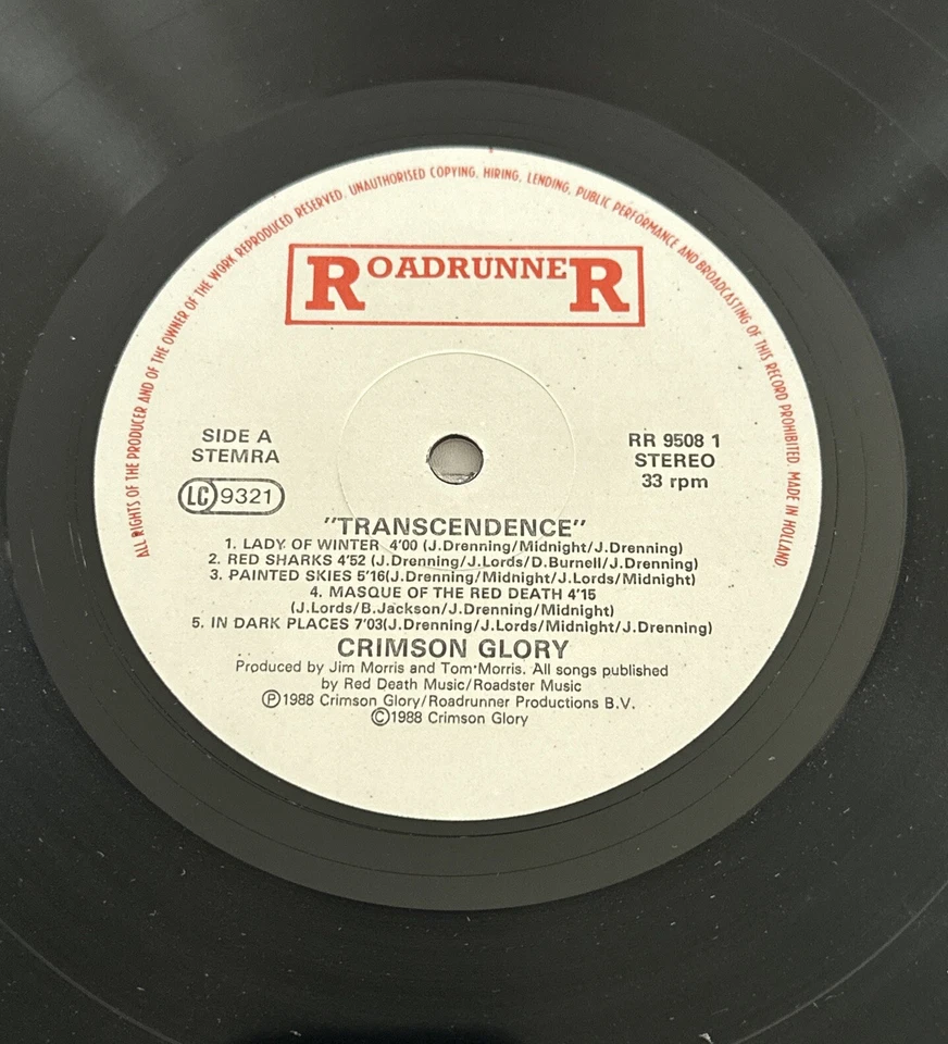 Crimson Glory – Transcendence. 1988 Original Press Road Runner Lp Vinyl Ex-Ex - Image 4 of 4