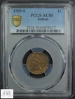 1909 S Indian Head Copper Cent 1C Almost Uncirculated PCGS AU 50 (Woodgrain!)