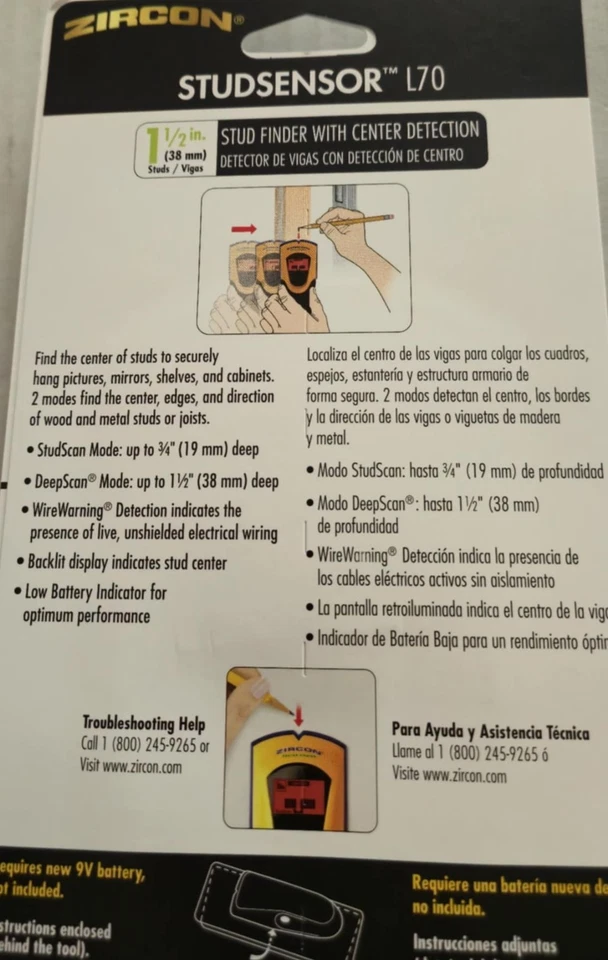 Zircon StudSensor L70 OneStep Stud Finder with Center Detection 2 Modes NEW - Image 2 of 3