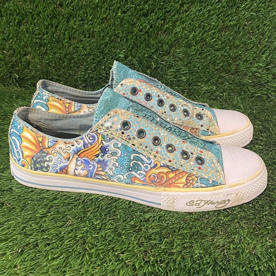 Vtg Ed Hardy Shoes Mermaid Glitter Lowrise Sneaker in Light Blue Sz 10 - Image 2 of 4