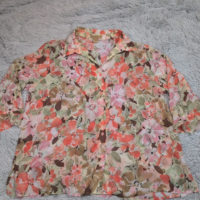 Notations Shirt Womens 2X Multicolor Floral Blouse Sheer Top Button Up Casual