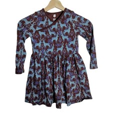 Tea Collection Girls Reindeer Print Long Sleeve Cotton Wrap Dress Burgundy SZ 6