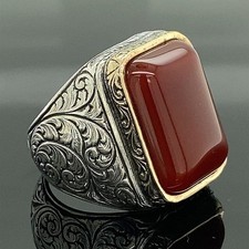 Men Handmade Red Agate Ring Engraved Dark Aqeeq Gemstone Ring