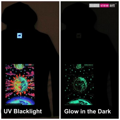 WOMENS HOOD T-SHIRT UV-Blacklight Glow-In-The-Dark Psychedelic Psy Goa Trance